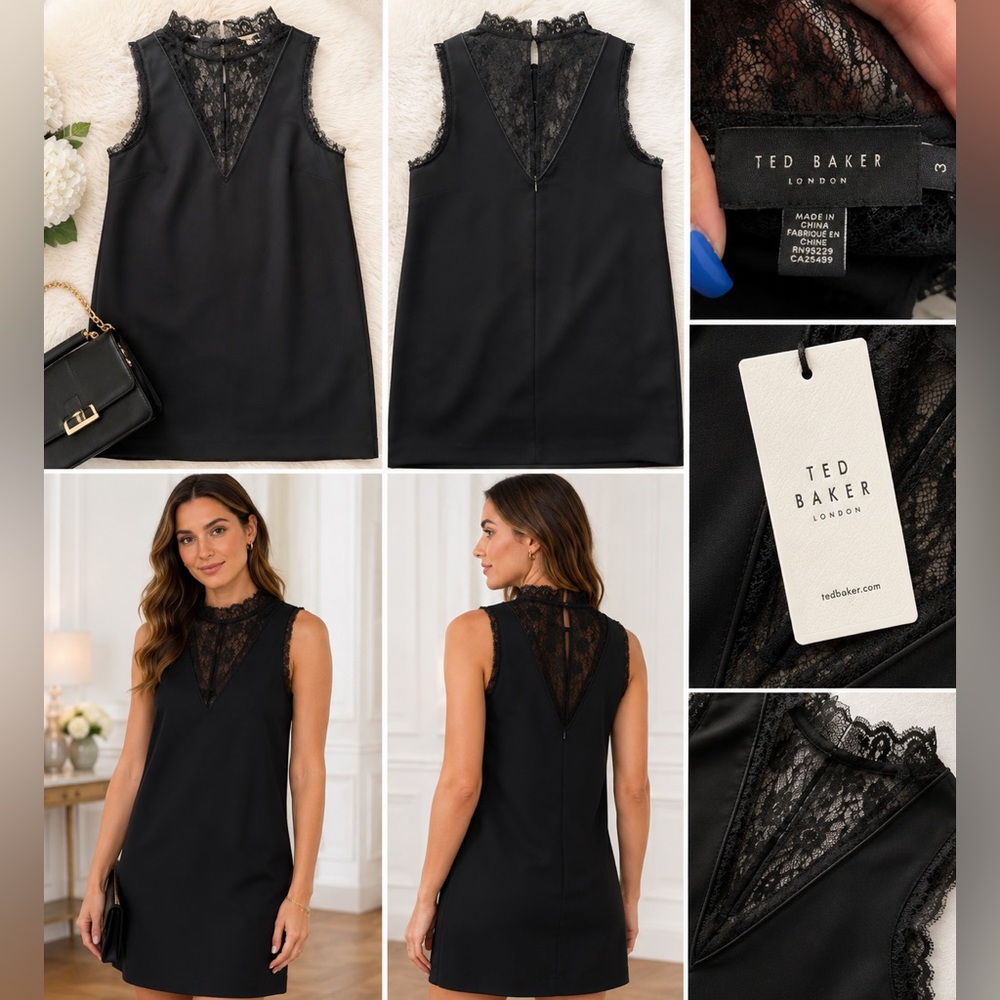 NWT Ted Baker SZ 3 (US 8/M) Black Lace-Trim Sleeveless Shift Dress